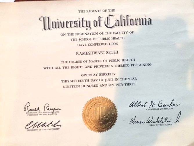 University of California diploma conferring the Master of Public Health on Rameshwari Sethi, June 16, 1973